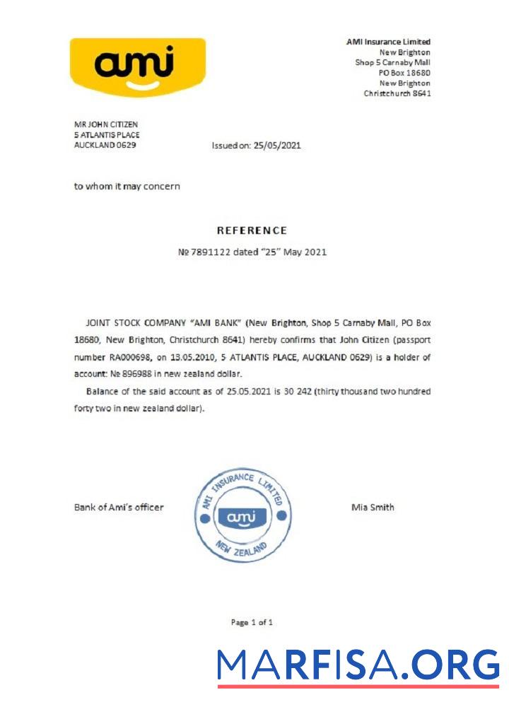 Blank New Zealand Ami bank reference example